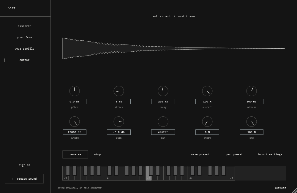 nest editor: a large waveform, editable sampler controls, per-sound presets, and a piano keyboard.